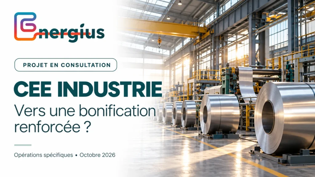 CEE industrie 2026 : atelier industriel et bobines d’acier illustrant le projet de bonification des opérations spécifiques.